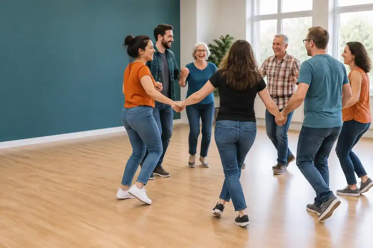 Illustrative image of a mixed-age group enjoying a casual dance lesson